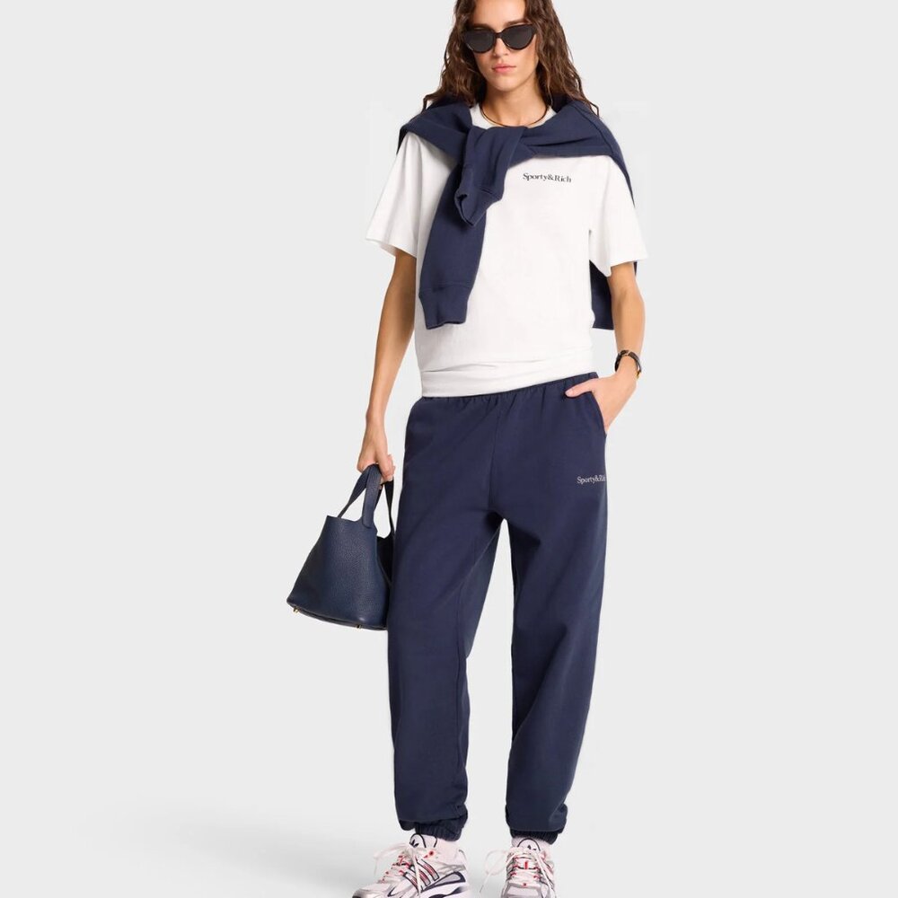 Sporty & Rich - NWT - Serif Logo Sweatpant - Navy/White - MEDIUM